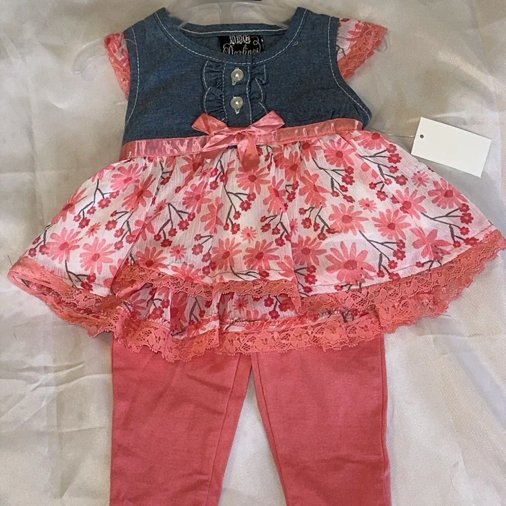 DDG Darlings Baby Girls 2pc Floral Denim Chiffon Top and Leggings Set 3-6M